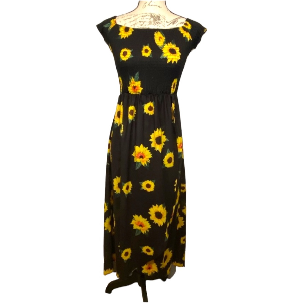 Sunflower Print Boat Neck Dress Elastic Bodice Cap Sleeves Highwaiat Cottagecore